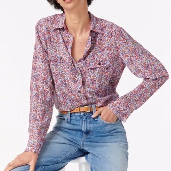 J. Crew Blythe 100% Silk Floral Print Button Down Shirt Top 8 Womens  Red Blue - Picture 2 of 9